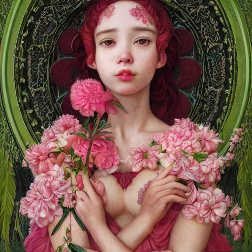 Image similar to princess girl, botanical, portrait face, colorful, kupka, long dress intricate, miles johnston, kuroda seiki, cynical realism, ozabu, john william godward, painterly, yoshitaka amano, moebius, miles johnston, louise zhang, james jean, mark ryden lowbrow pop surrealism art style