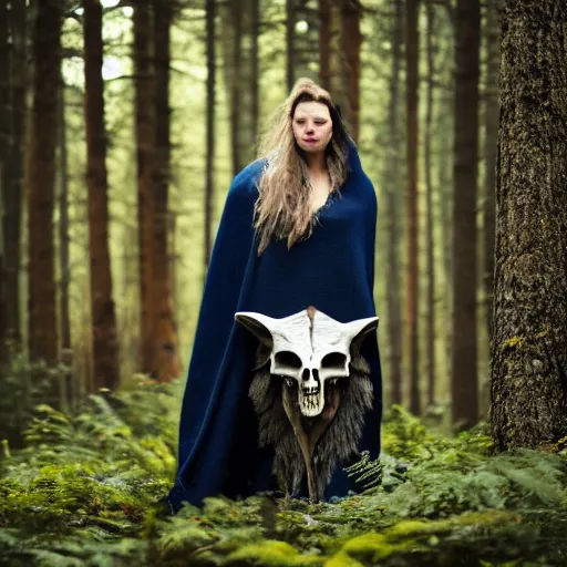 Prompt: professional photograph of tall creature with wolf skull wearing a full body dark blue blanket in the middle of the forest