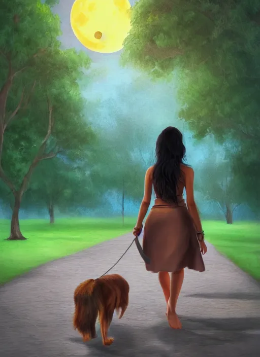 Image similar to young beautiful brown woman walking with her dog in a park in Merida Mexico at night with a full moon, illustration, photoreal, fantasy, trending. masterpiece work of art . oil on canvas. Digitally painted. Realistic. 3D. 8k. UHD.