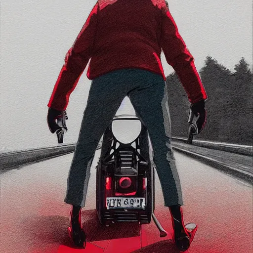 Image similar to man with a red jacket on a old highway walking toward a red futuristic racing motorbike, isometric view from behind, ink drawing, wide angle, ultra realistic, intricate details, ultra detailed, sharp focus, trending on artstation, art by artgerm and greg rutkowski