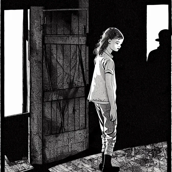 Image similar to [ sadie sink in dirty workmen clothes ] [ waves goodbye ] to workmen. near a gate. background : factory, dirty, polluted. technique : black and white pencil and ink. by gabriel hardman, joe alves, chris bonura. cinematic atmosphere, detailed and intricate, perfect anatomy