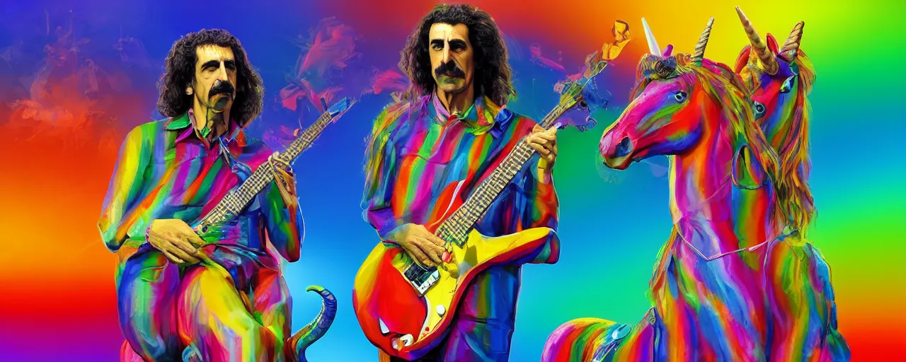 Image similar to A 3d rendered colourful portrait of frank zappa playing an electric guitar whilst riding a unicorn, digital art, 4k