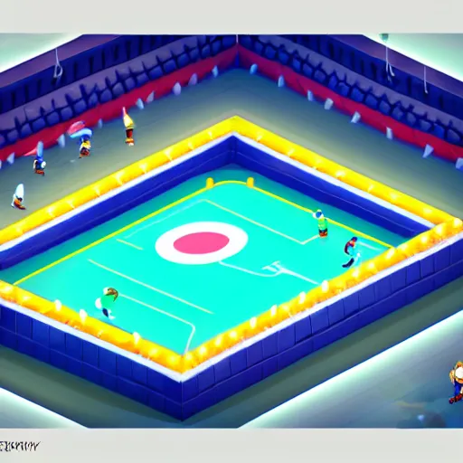 Prompt: hockey arena. game illustration, gamedev, game, design, mobile game, aerial view, isometric voxel, blizzard, easports, playrix, nexters, intricate, elegant, sport game, highly detailed, digital painting, trending on artstation, concept art, smooth, sharp focus, art by roman klco and shadow run, brightly lit cinematic soft lighting, 4 k