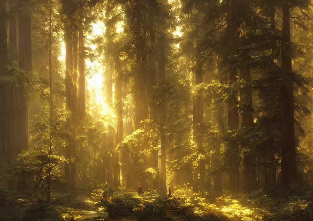 Image similar to a peaceful sanctuary in a beautiful california redwood forest, light streams through the trees, art by albert bierstadt and greg rutkowski, hyperrealism