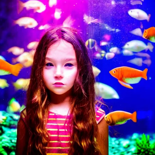 Image similar to girl head in a aquarium, lights caustic, tropical fish, surreal photography