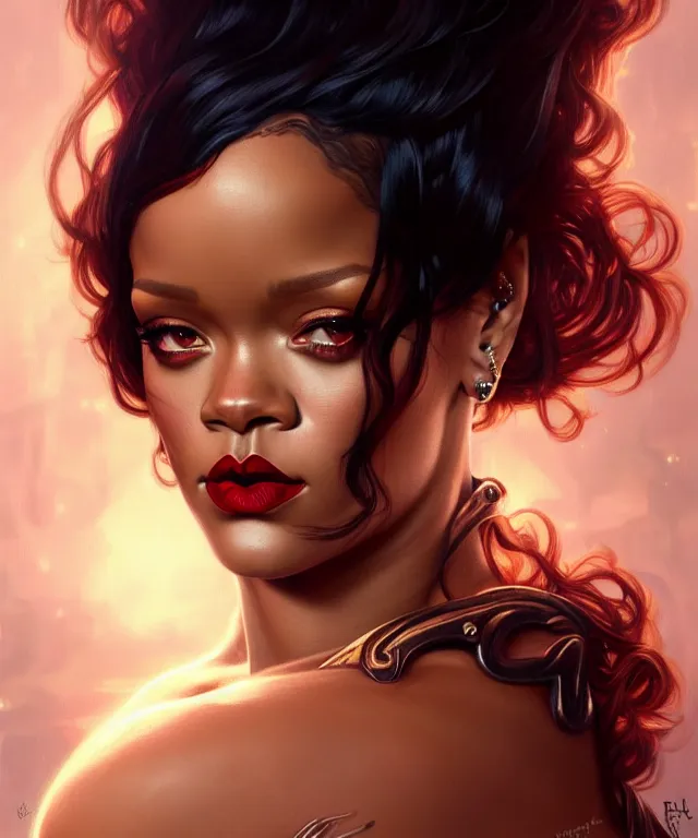 Prompt: Rihanna as a fantasy magic woman portrait, sci-fi, amber eyes, face, long hair, fantasy, intricate, elegant, highly detailed, digital painting, artstation, concept art, smooth, sharp focus, illustration, art by artgerm and greg rutkowski and alphonse mucha