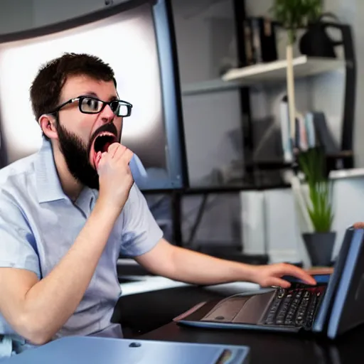 Prompt: Programmer nerd screaming at the computer, realistic photo