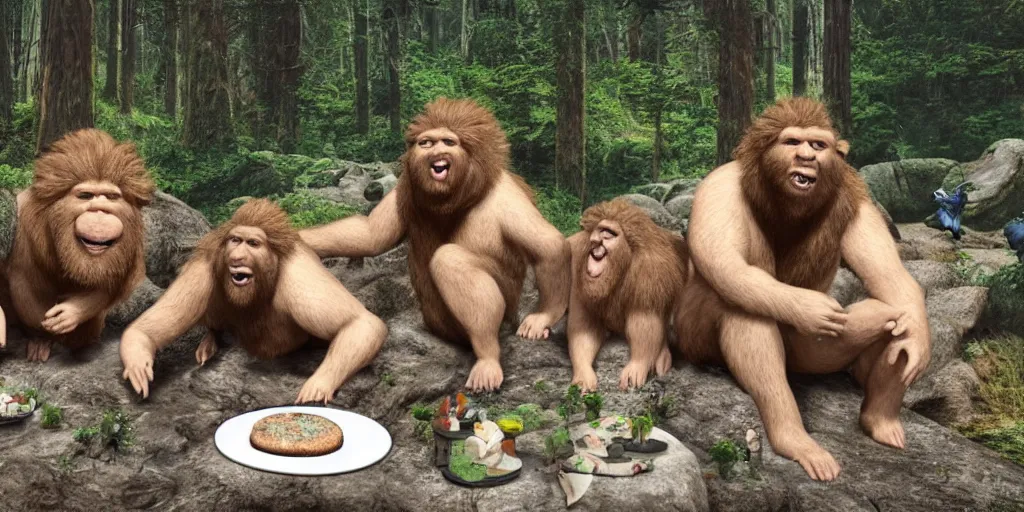 Image similar to ultra realistic photo, three hairy fat neanderthal people, emma!! watson!!, eating outside, surrounded by dinosaurs!, gigantic forest trees, sitting on rocks, bright moon, birthday cake on the ground, front view