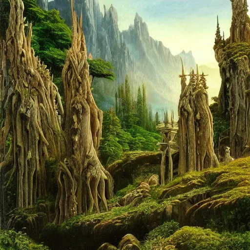 Prompt: A beautiful and highly detailed oil painting of beautiful elven temple in the mountains, detailed trees and cliffs, intricate details, rivendell, 8k, by Caspar Friedrich