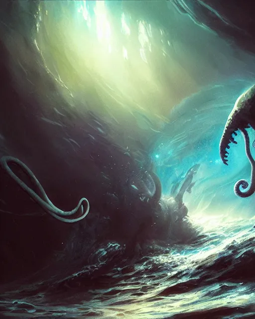 Prompt: A matted painting of a sea monster with many tentacles, on an underwater environment with expansive views of space, inspired by greg rutkowski and Keith Mallett, digital art, extremely moody lighting, glowing light and shadow, atmospheric, shadowy, cinematic