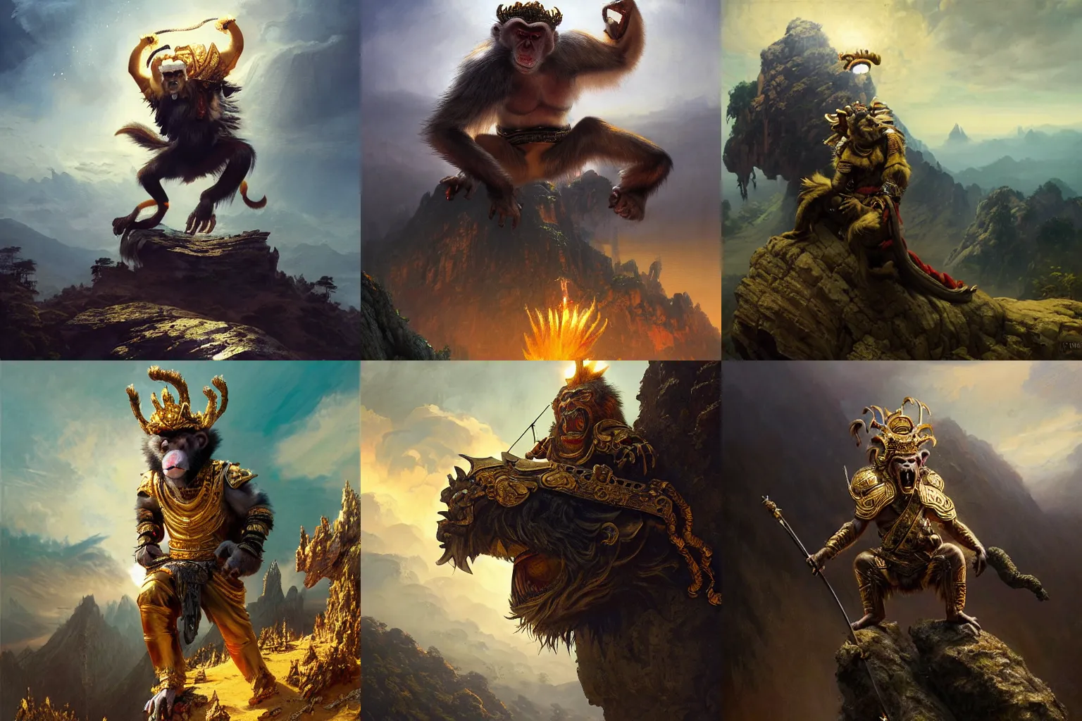 Prompt: masterpiece painting by Greg Rutkowski, Sung Choi, Mitchell Mohrhauser, Maciej Kuciara, Johnson Ting, Maxim Verehin, Peter Konig, of the legendary monkey king wu-kong stands on a rock in a mountain striking an action pose and wearing his armor, surrounded by light gold clouds in the sky