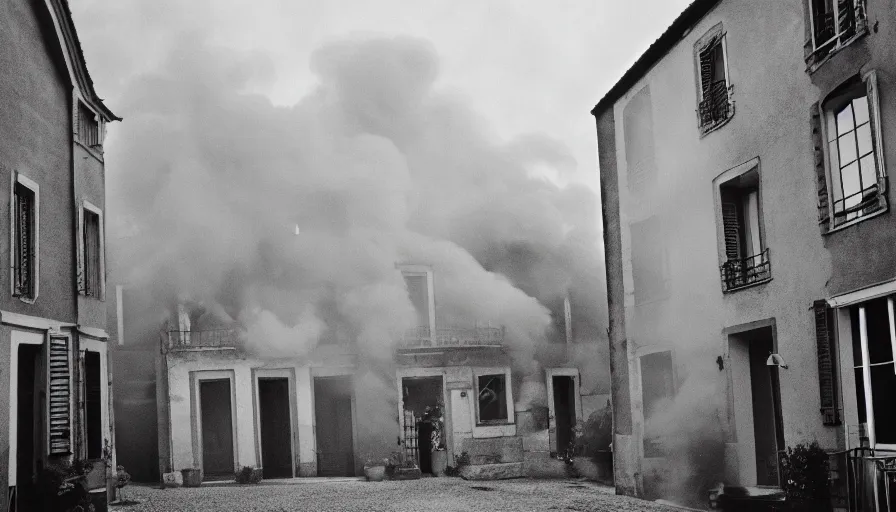 Image similar to 1 9 7 0 s movie still of a heavy burning french style townhouse in a small french village by night, cinestill 8 0 0 t 3 5 mm, heavy grain, high quality, high detail, dramatic light, anamorphic, flares