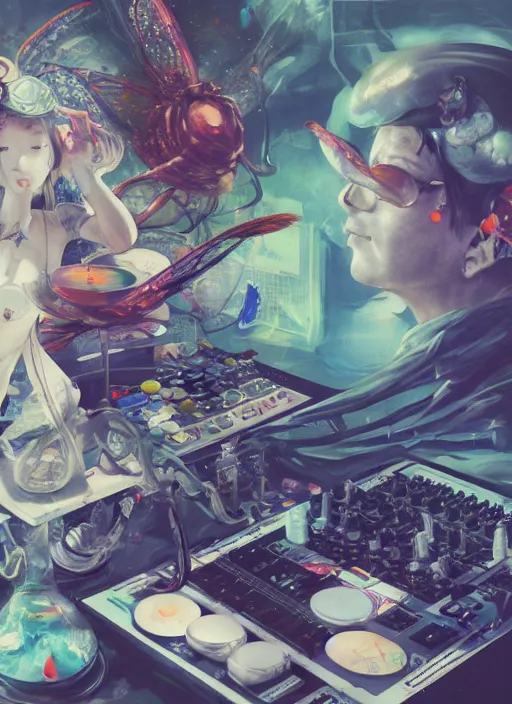 Image similar to surreal gouache painting, by yoshitaka amano, by ruan jia, by Conrad roset, by good smile company, detailed anime 3d render of a medicine pills Surrounded by a magical dragonfly and a big DJ Mixer, deck, portrait, cgsociety, artstation, rococo mechanical and Digital and electronic, dieselpunk atmosphere