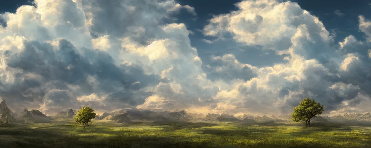 Image similar to peaceful puffy clouds, matte painting, concept art, 4k