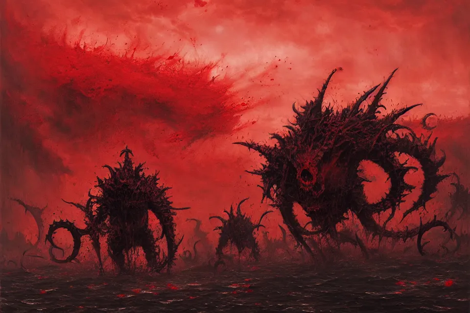 Prompt: the sea of blood and chaos demon, jakub rozalski.