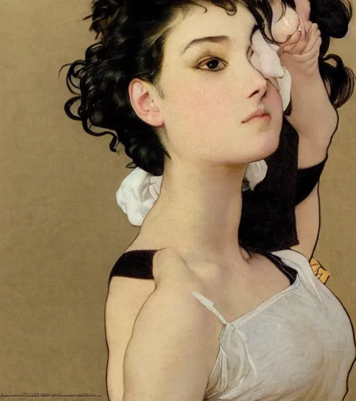 Image similar to lineart of a woman with black hair pixie cut in shorts with suspenders and white t-shirt drawn by anime, Alexandre Cabanel, norman rockwell, peter paul rubens, maler collier, frank frazetta, alphonse mucha, gustav klimt 4k, unreal 5, DAZ, french noveau, trending on artstation, octane render, hyperrealistic