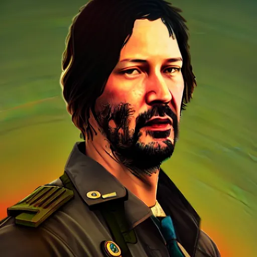 Image similar to keanu reevez in disco elysium, game screenshot, digital art, by aleksander rostov, disco elysium style, garain, glitch