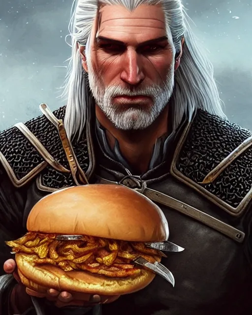 Image similar to portrait of geralt of rivia eating a giant hamburger, fantasy, intricate, elegant, highly detailed, digital painting, artstation, concept art, smooth, sharp focus, illustration, by artgerm and greg rutkowski