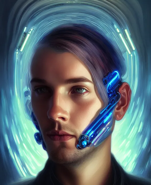 Image similar to a whirlwind inside the metaverse, guy, male, man, hologram, half body, neurochip, android, cyborg, cyberpunk face, by loish, d & d, fantasy, intricate, elegant, highly detailed, colorful, digital painting, artstation, concept art, art by artgerm and greg rutkowski and alphonse mucha