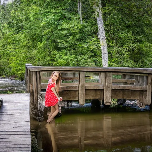 Prompt: Daisy, river, wooden bridge, wooden house, girl on bicycle