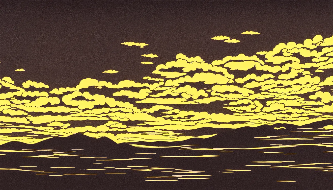 Image similar to clouds light rays by dan mumford and peter doig and edward hopper, symmetrical, minimal, black ink, thick lines highly detailed, muted colours 8 k