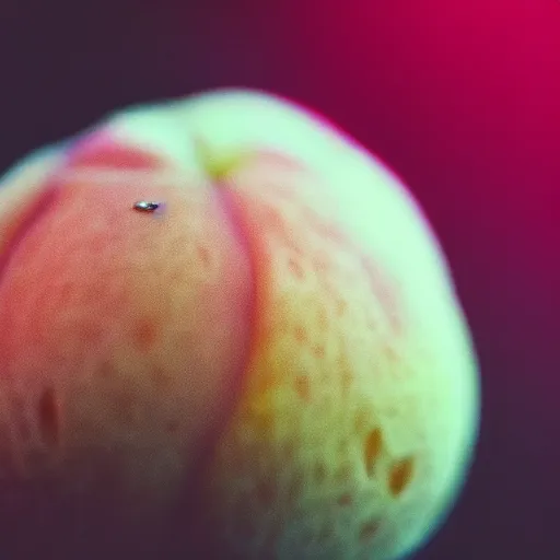 Image similar to a macro photo of a round peach's dry hairy skin, hyper realistic, hyper detailed, 35mm, very grainy film, pink volumetric studio lighting, bokeh, black background award winning shot, vogue magazine, cinematic, 8k, very closeup, elegant, tender, pastel