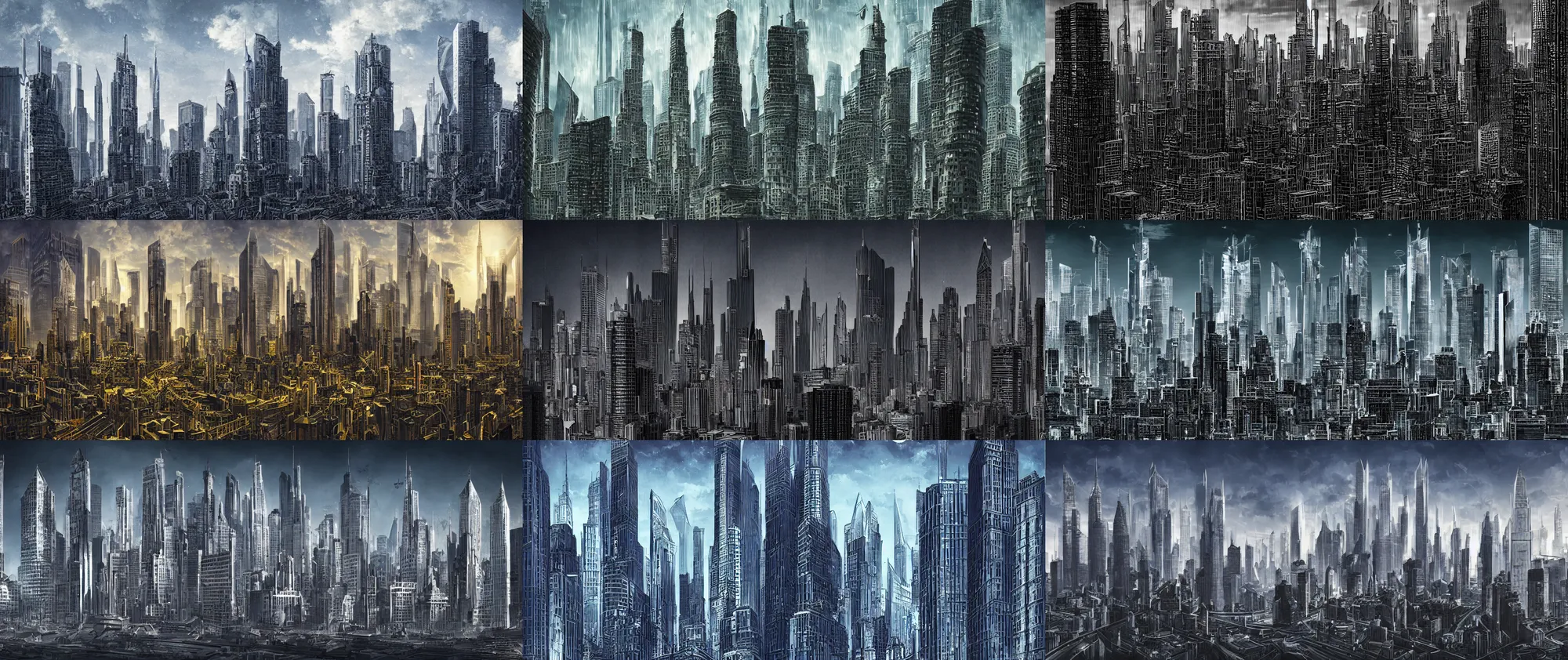 Prompt: a city of the future with skyscrapers in the background by Étienne-Louis Boullée, highly detailed, dark background, beautiful, sharp, mythological