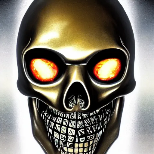 Image similar to high fantasy 1 9 8 0's wargame airbrushed artwork - inspired photo, a giant silver reflective chrome android wearing a mask shaped like an intricately carved beautiful human skull with glowing laser eyes, golden giant battle armor, inside a futuristic army base