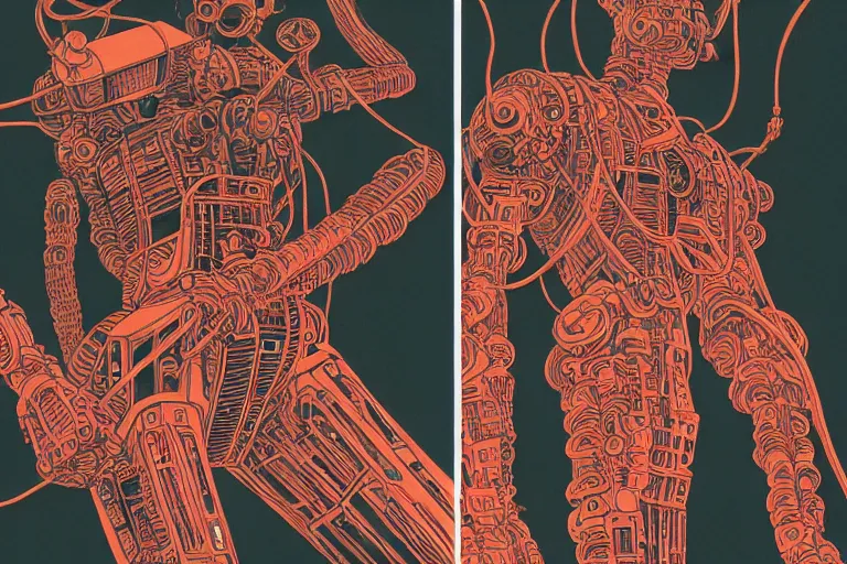 Image similar to risograph grainy drawing vintage sci - fi, satoshi kon color palette, gigantic gundam full - body covered with human bodies and wires, with lot tentacles, vermilion and black hues, codex seraphinianus painting by moebius and satoshi kon and dirk dzimirsky close - up portrait