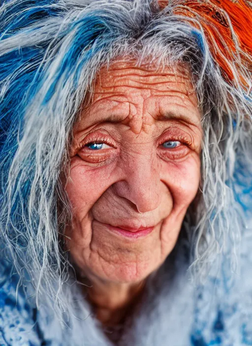 Prompt: close up portrait of a 60-year-old woman from Cyprus, white hair, happy, strong blue and orange colors, candid street portrait in the style of Martin Schoeller award winning, Sony a7R