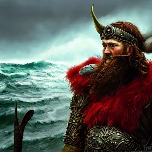 Prompt: photorealistic painting of Viking captain, helmet with horns, red long beard, long dark blonde curly hairs, green eyes Viking armor, background rough sea, elegant, painting, style of ruan jia, trending on artwork station, digital painting, sharp focus