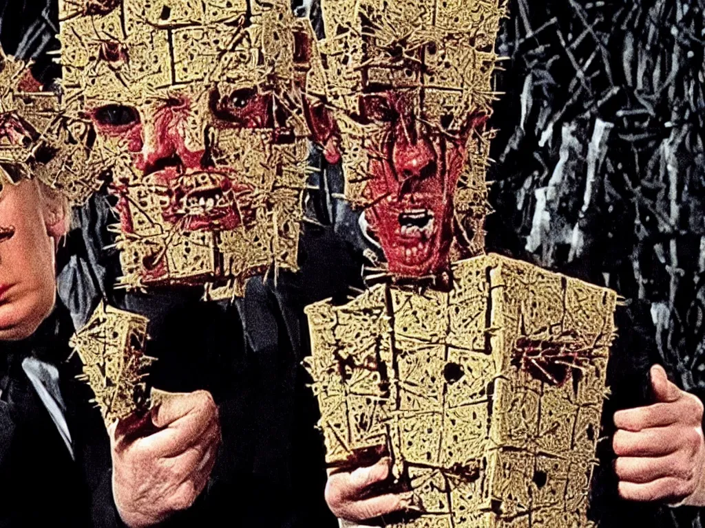 Prompt: hellraiser pinhead played by donald trump holding lemarchand's box, lament configuration, a still from hellraiser movie by clive barker