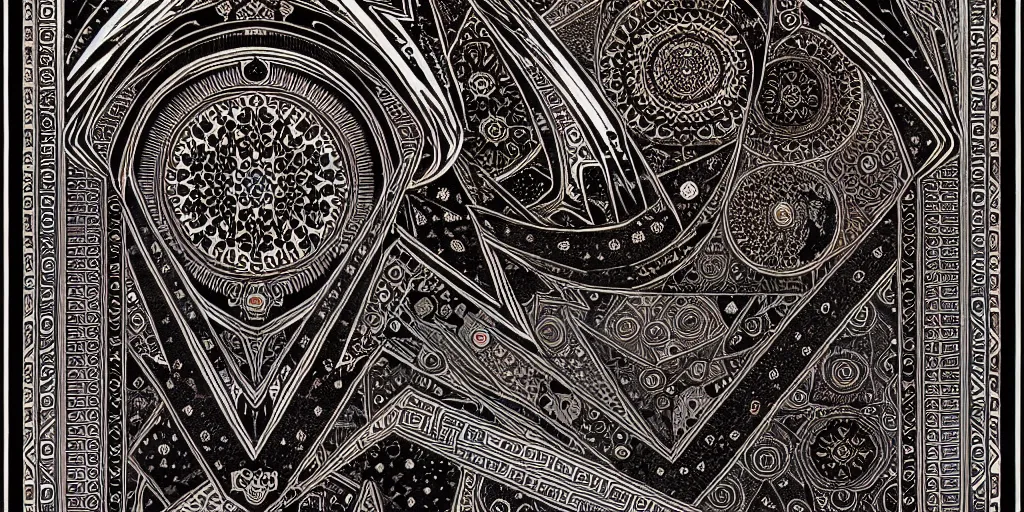 Image similar to ancient ornate carpet, high details, bold line art, by vincent di fate and joe fenton, inking, etching, screen print, masterpiece, trending on artstation, sharp, high contrast, hyper - detailed,, hd, 4 k, 8 k