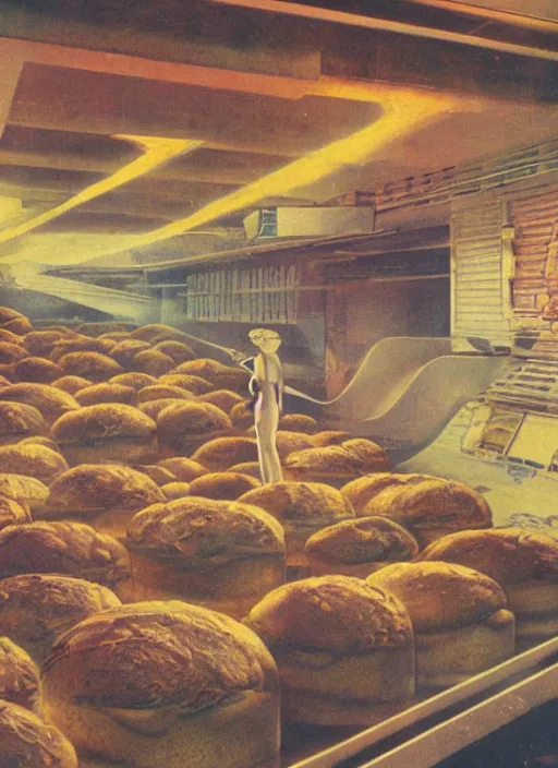 Image similar to Loaves of bread floating, interior of derelict space station, 60s sci-fi book cover