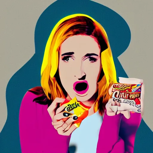 Prompt: pop art picture of fallon sherrock eating a bag of quavers