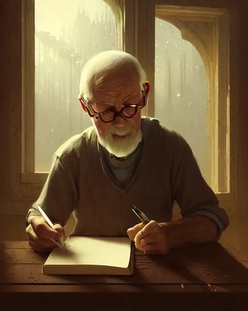 Image similar to old male scribe writing a book | | realistic shaded, fine details, realistic shaded lighting poster by greg rutkowski, diego gisbert llorens, magali villeneuve, artgerm, jeremy lipkin and rob rey