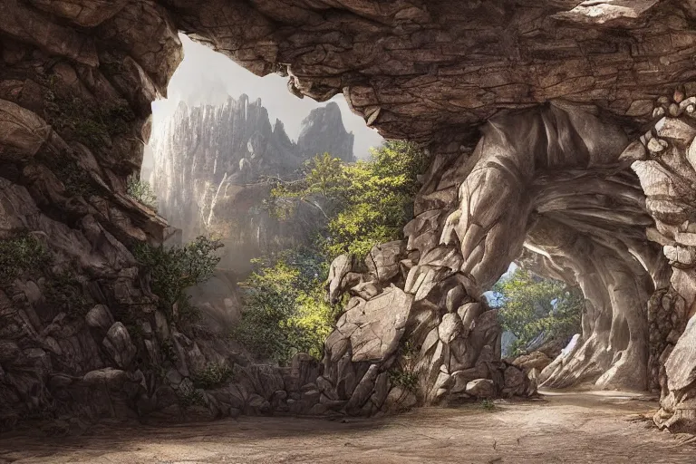 Prompt: decorated Entrance to the boss lair, carved in a rock, megalithic spructure, epic proportions, location, matte painting, by thomas scholes