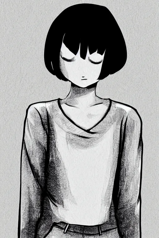 Prompt: portrait of a girl in long pants and a top, hands in pockets, eyes closed, bob haircut, digital art, black and white, lineart by junji ito