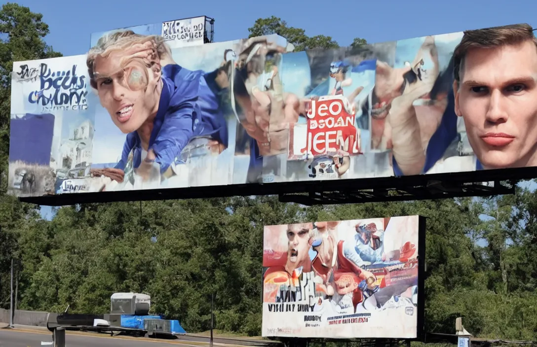 Prompt: jerma on a billboard on the side of the road