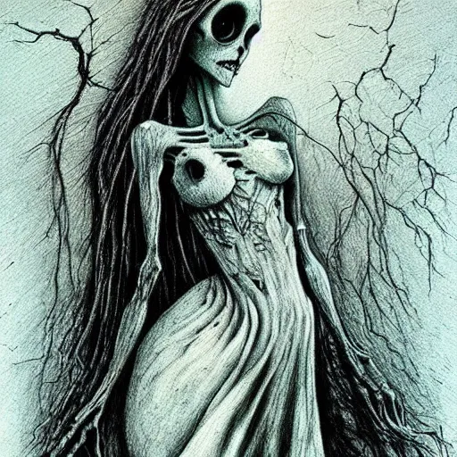 Prompt: grunge drawing of a heart by - Zdzisław Beksiński , corpse bride style, horror themed, detailed, elegant, intricate