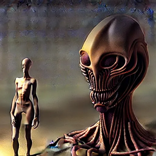 Prompt: alien man with alien woman, full body portraiture, painted by beksinski, 4 k, intricate details, unreal engine, dynamic lighting