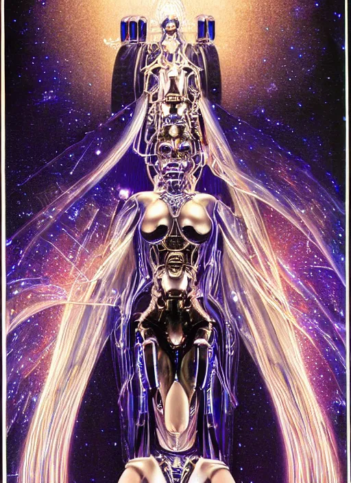 Image similar to Robotic beautiful Priestess posing in front of the stars by Hajime Sorayama and beksinksi, ultra detailed, dramatic lighting