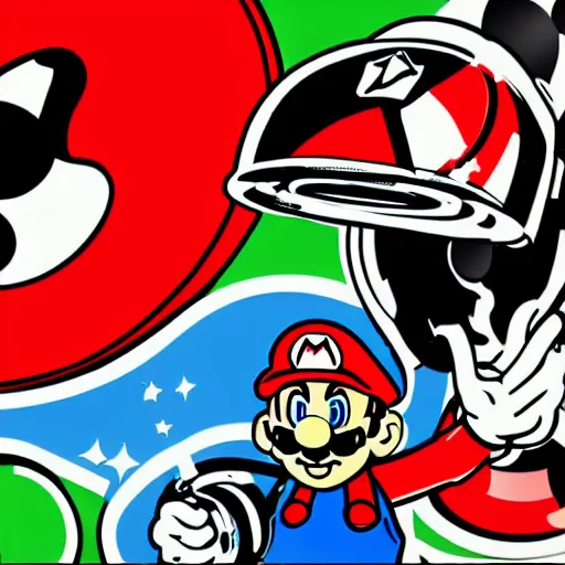 Image similar to svg sticker of a Pop-Wonder SuperMario, Mario-Wearing-a-red-hat, at a rave, spinning records, giant headphones rocking out, wearing headphones, huge speakers, dancing, rave, DJ, spinning records, digital art, amazing composition, rule-of-thirds, award-winning, trending on artstation, featured on deviantart