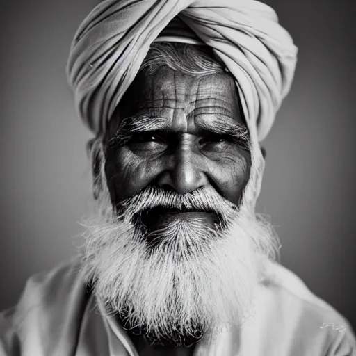 Prompt: portrait of an old indian man with a white beard wearing a red turban, photography