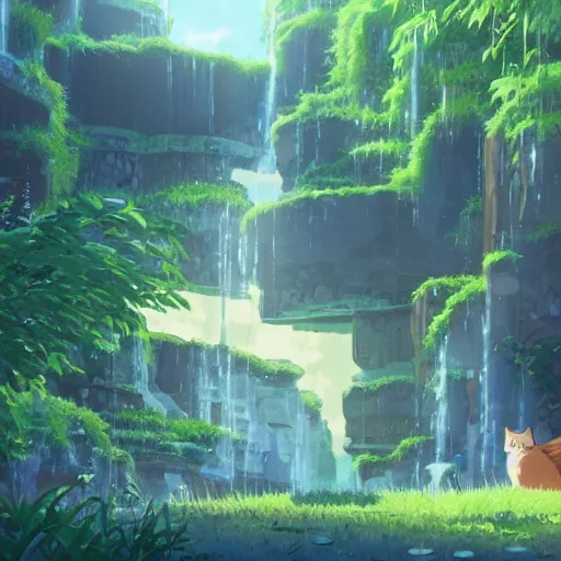 Image similar to an explorer finding ruins of a cat civilization, water, by Dice Tsutsumi, Makoto Shinkai, Studio Ghibli