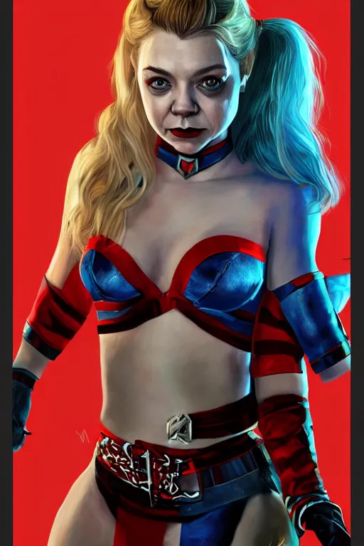 Prompt: A portrait of Natalie Dormer as Harley Quinn in bikini armour, artstation, highly detailed
