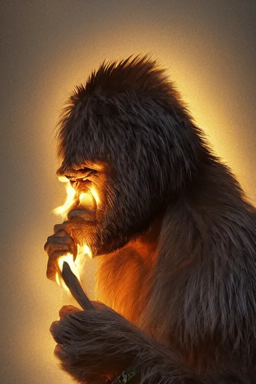 Prompt: caveman discovering fire, artstationhd, trending on artstation, detailed fur, beautiful cinematic, prehistoric, homosapien, paleo art, cave ape, old world human, detailed textures, realistic hair, award winning artwork, fur and skin