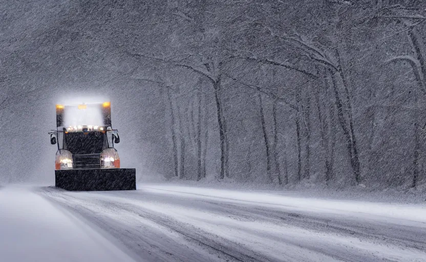 Prompt: A Snowplow with headlines on driving through a snowy landscape with thick snow, blizzard!!, heavy snow falling, digital artwork, high resolution, high detail