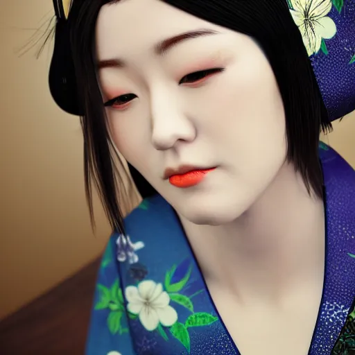 Image similar to Japanese Emma Bernache wearing kimono, realistic, photo studio, HDR, 8k, trending on artstation