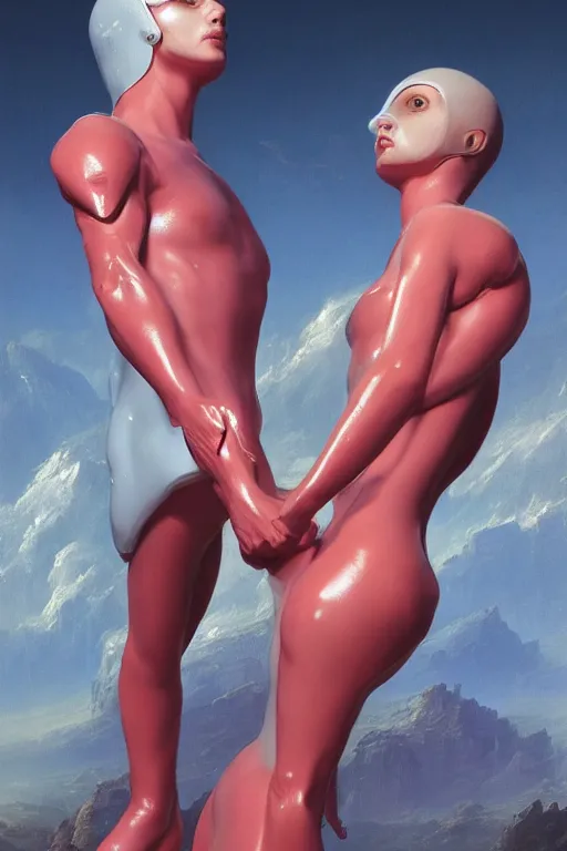 Image similar to young male and female, wearing latex, holding each other hands, by thomas cole and wayne barlowe, bodyshape by kyu yong eom, 8 k, high detail, fantasy art, dnd, artstation,